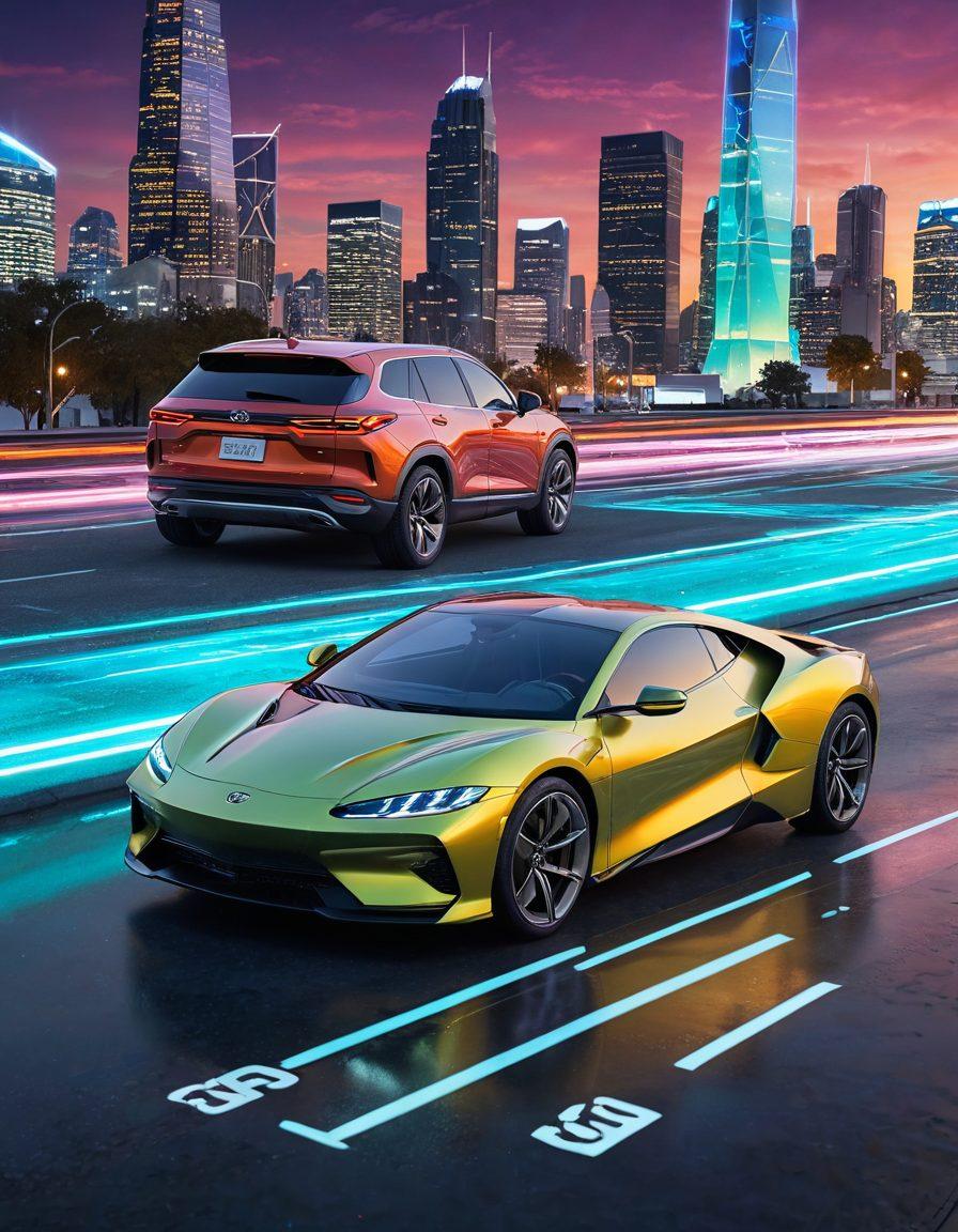 A dynamic scene of a futuristic car search engine interface, with holographic elements showing various car listings, prices dropping, and highlighted deals. Users happily interacting with the interface, with futuristic cityscape in the background. 3D. vibrant colors.