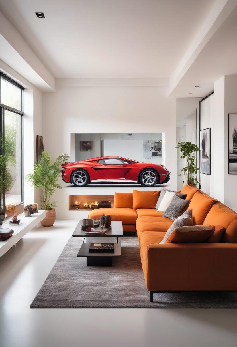 A cozy, modern living room where a person sits comfortably on a stylish sofa with a laptop, browsing cars online; diverse sleek car models on the screen look almost real. The background features minimalist decor with hints of automotive memorabilia like model cars on a shelf. Bright, inviting ambient lighting adds a warm tone. super-realistic. vibrant colors. white background.